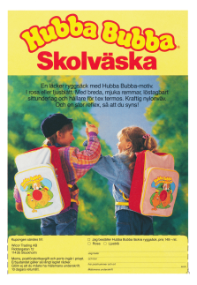 Reklam för skolväskor med tryck av Hubba Bubba