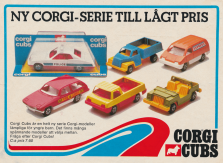 Reklam för de små leksaksbilarna från Corgi. Sex stycken småbilar står uppradade i annonsen.