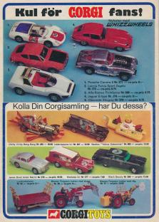 Annons från Corgi som visar upp 11 leksaksbilar i metall samt två traktorer och en traktorvagn