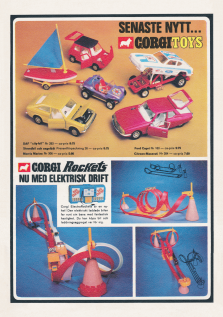 Reklam för bilar och lekskear från Corgi Toys
