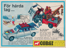 Annons som visar två nya leksaksbilar från Corgi Toys - en sportbil och en bärgningsbil