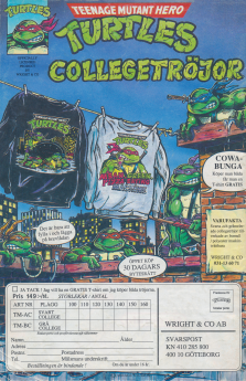 Reklam från Wright & Co som säljer tröjor med Teenage Mutant Hero Turtles-tryck