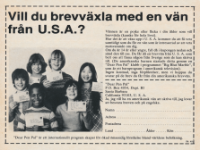 Reklam för Dear Pen Pal, en tjänst där du kan hitta en brevvän i USA
