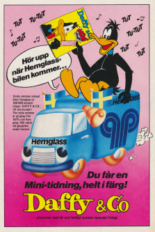 Annons för glassen Daffy från Hemglass där glassköparna även kunde få en minitidning av Daffy & Co
