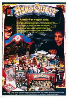 Reklam för brädspelet Hero Quest där man ser två killar vid ett bord som spelar spelet