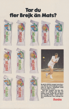 Reklam för chokladbiten Brejk där tennisspelaren Mats Wilander finns med som foto, uppställd bredvid 11 förpackningar av Brejk