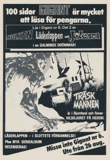 Reklam för serietidningen Gigant med serier som Hulken, Träskmannen och Läderlappen