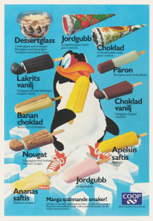 Bild med en glassätande pingvin med alla olika glasssorter som man kan köpa på Konsum eller DOmus