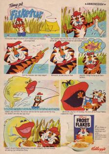 Annons för frukostflingan Kelloggs Frosties med en seriestrip där maskoten Tony Tiger fångar en jättestor fisk som han sedan bjuder på frukostflingor