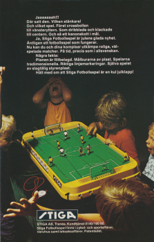 Reklam för bordsfotbollsspel från Stiga med fem barn som spelar spelet