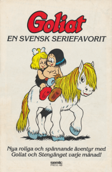 Reklam för serietidningen Goliat med en illustration av några av figurerna, sittandes på en häst