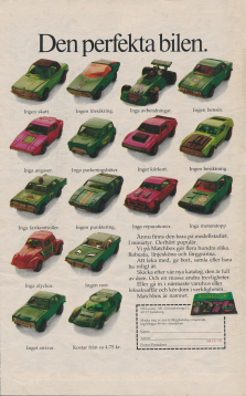 Reklam för leksaksbilar från Matchbox i en annons där 16 bilar visas upp