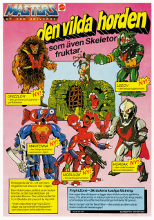 Reklam för nya leksaksfigurer i serien Master of the Universe, totalt fem figurer finns avbildade tillsammans med en fästning som heter Fright Zone