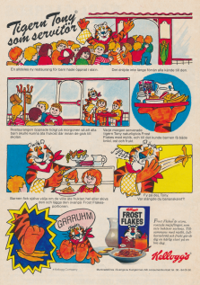 Annons i serieformat för produkten Frost Flakes där Tony Tiger är servitör på en restaurang för barn