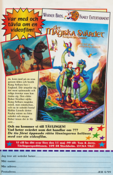 Annons för en tävling där man kan vinna filmen Det magiska svärdet på videokassett