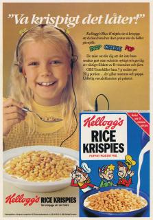 Reklam för frukostflingorna Rice Krispies med ett foto av en flicka som äter dessa