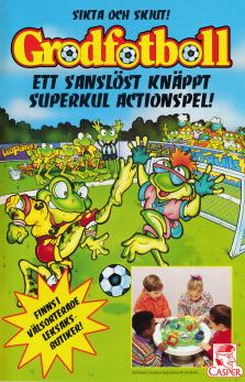 Reklam för brädspelet Grodfotboll med en illustration av grodor som spelar fotboll