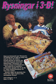 Reklam för brädspelet Dinosauriernas glömda dal med ett foto på två personer som spelar spelet och en ödlearm som kommer in från höger och skrämmer dem