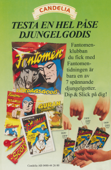 Reklam för Fantomens godispåse med bland annat en klubba som man kan doppa i lakritspulver
