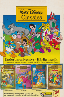 Reklam för kassettband med klassiska sagor från Walt Disney: Djungelboken, Törnrosa, Askungen och Snövit
