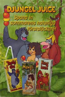 Annons för djungeljuice med en bild på Mowgli, apan Kung Louie och björnen Baloo från Djungelboken