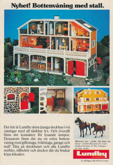 Reklam för dockhuset från Lundby som nu har en extra bottenvåning med stall och gillestuga