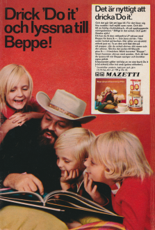 Annons för chokladdrycken do-it från Mazetti med en bild på Beppe Wolgers tillsammans med några barn