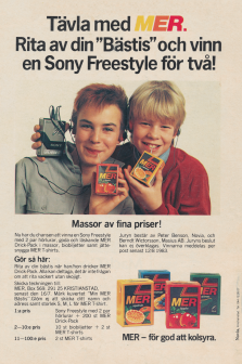 Tävlingsreklam för drycken MER där man kan vinna freestyles, biobiljetter och t-shirts