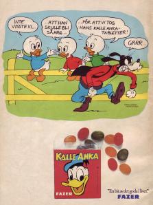 Reklamannons för Fazers tablettask Kalle Anka med en liten seriestripp med Knattarna och Långben