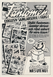 Reklam i svartvitt för Fantomen och påhittet att ha en samlarserie som väl ihopsamlat blir ett nytt Fantomenäventyr