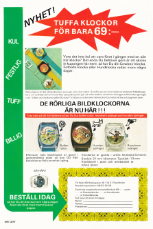 Reklam för klockor av genomskinlig plast från Schweiz