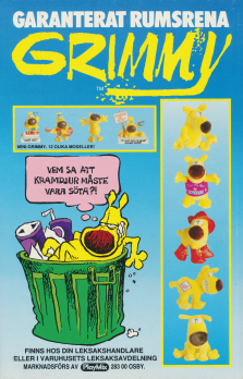 Reklam för leksaker med seriefiguren Grimmy 