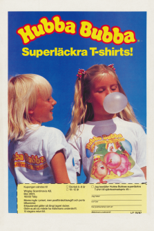 Reklam för tuggummit Hubba Bubba, med två tjejer i t-shirt som blåser tuggummibubblor