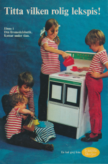 Reklam för en leksaksspis som man kan köpa i sin livsmedelsbutik för knappt en tia, med avsändare Svängsta Skorpor