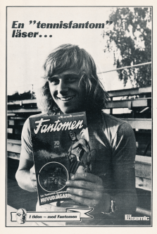 Internreklam för tidningen Fantomen där Björn Borg visar upp serietidningen