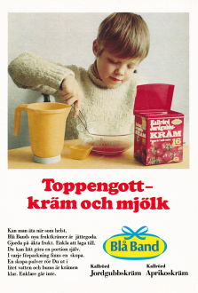 Annons för kräm från Blå Band, med en liten pojke som häller upp kräm i en tallrik