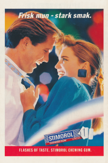 Reklam för Stimorol tuggummi med en man och en kvinna som tittar varandra djupt i ögonen