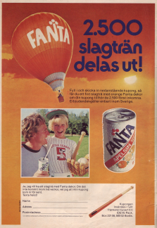 Reklam för läsken Fanta där man kan skicka in en kupong och få ett orangefärgat slagträ med Fantas logotyp på