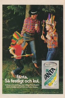 Två barn har fångat och surrat fast sin pappa vid ett träd. Reklam för drycken Fanta.