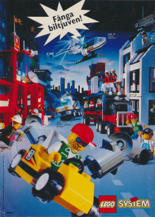 Fartfylld annons för LEGO med olika byggsatser i centrum