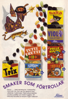 Reklam för sju stycken olika sorters tablettaskar från Fazer