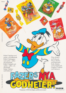 Reklam rör godis från Fazer med Kalle Anka som visar upp olika godispåsar med Disneyfigurer på