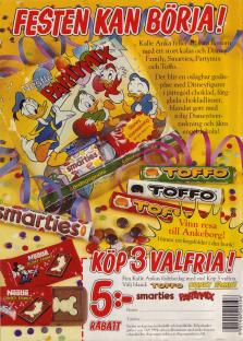 Reklam för Kalle Ankas lördagsgodispåse Partymix, godiset Toffo, Smarties och Nestlés chokladkaka Disney Family