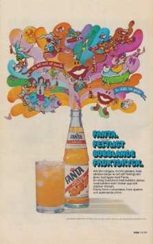 En fantasifull illustration som kommer upp ur en glasflaska full med apelsinläsken Fanta