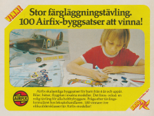 Reklam för modellbyggsatser från Airfix med ett foto av en pojke som sitter och färglägger delar till byggsatsen