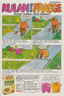 Annons för frukostflingesorten Kulfras med en tecknad serie med två elefanter som visar trafikssäkerhet