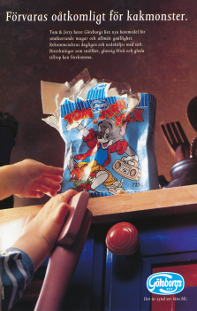 Reklam för Göteborgskex med Tom & Jerry på kartongen