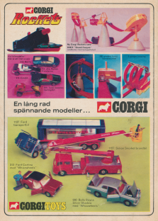 Reklam för ett gäng leksaksbilar från Corgi Toys, bland annat några racerbilar med samlingsnamnet Corgi Rockets