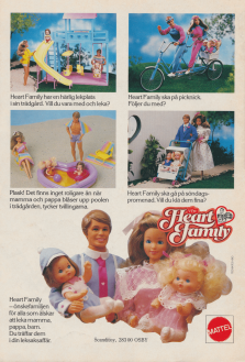 Reklam för dockserien The Heart Family från Mattel. Fyra bilder visar vilka tillbehör man kan köpa till dockorna.