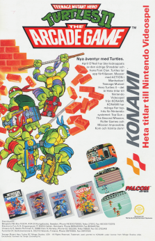 Reklam för fyra olika spel till spelkonsollen Nintendo - Teenage Mutant Hero Turtles, Mission Impossible, Rollergames och Top Gun